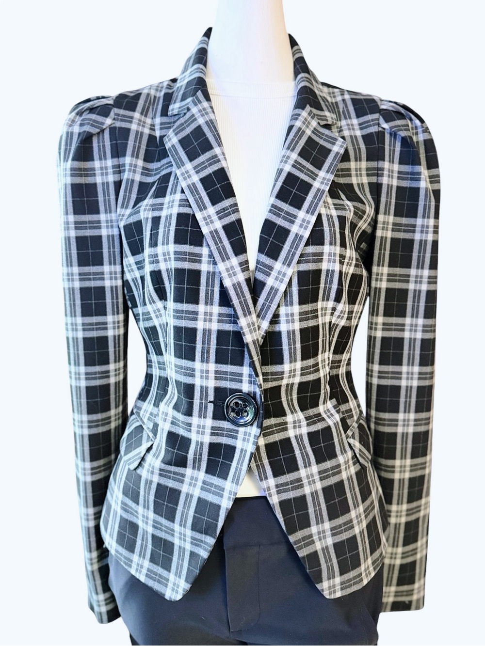 Express Design Studio Plaid Puff Shoulder Blazer Jacket Size 4 Black White